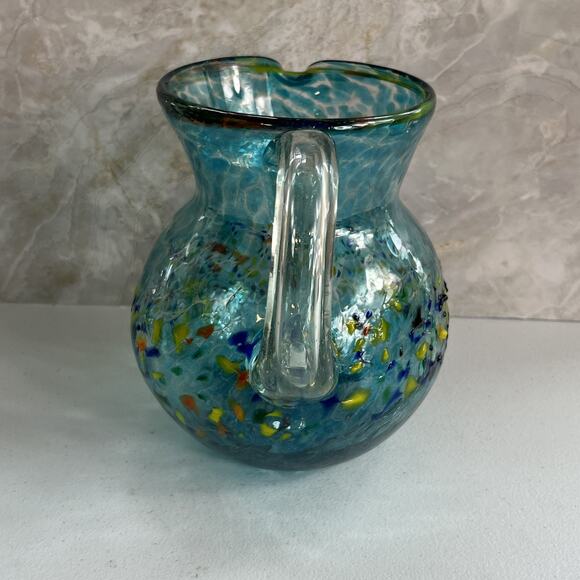 Mexican Hand Blown Glass Art Pitcher Turquoise Multi-Color Confetti 8.5" - Picture 3 of 16